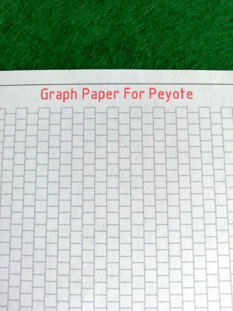 May include: A sheet of white graph paper for peyote stitch beadwork featuring a repeating grid of offset rectangular cells. The text Graph Paper For Peyote is printed in red at the top of the page above the grid pattern.