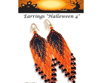 May include: A pair of long, dangling beaded earrings featuring a gradient pattern of black and orange glass beads. The earrings are suspended from gold-toned metal hooks and terminate in small, faceted black beads. Text reads Earrings Halloween 4.