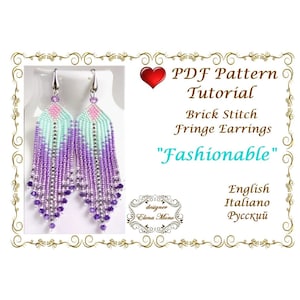 May include: PDF pattern tutorial for brick stitch fringe earrings, called "Fashionable". The earrings are a gradient of light blue, purple, and silver beads.
