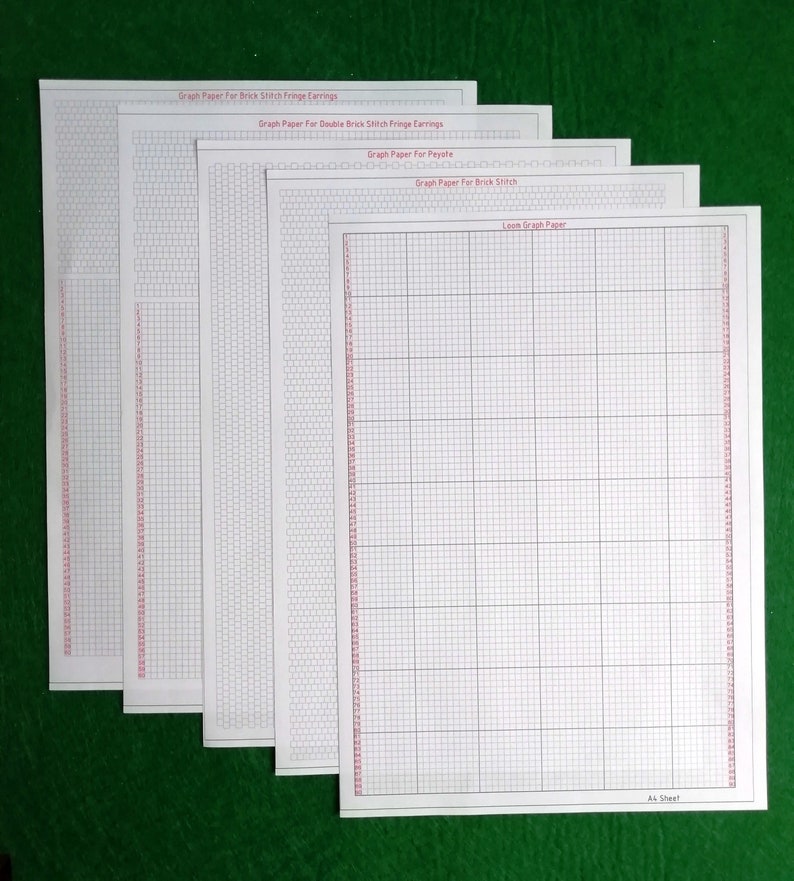 May include: Five sheets of white A4 graph paper for beadwork designs. Each sheet features red numbered rows and black grid lines, labeled with titles including Graph Paper For Brick Stitch Fringe Earrings, Peyote, and Loom Graph Paper.
