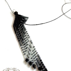Beaded Fringe Earrings Silver & Black, Long Dangle Earrings, "Stars Way" image 3