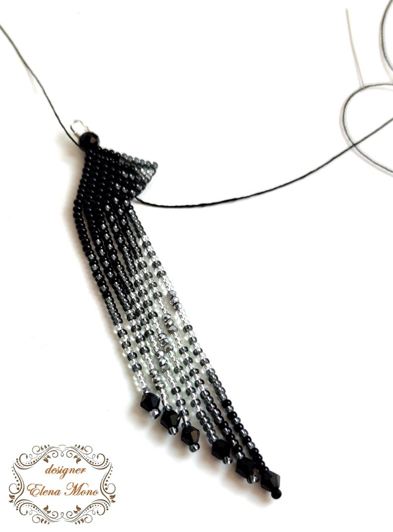 Beaded Fringe Earrings Silver & Black, Long Dangle Earrings, "Stars Way" image 3