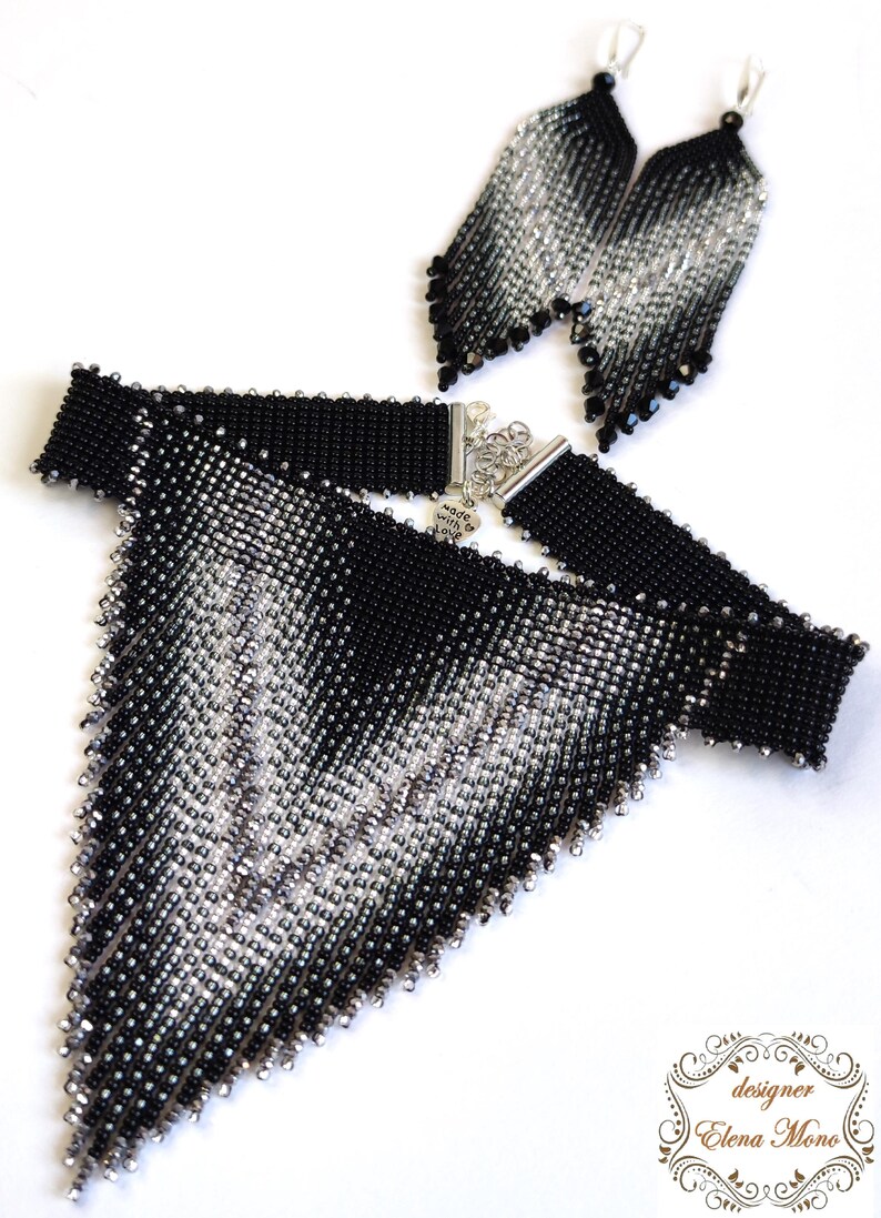 Beaded Fringe Earrings Silver & Black, Long Dangle Earrings, "Stars Way" image 9