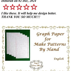 May include: A stack of white graph paper sheets with red grid lines, displayed next to text that reads Graph Paper for Make Patterns By Hand, English, and designer Elena Mono, framed by a decorative gold border with a five-star review above.