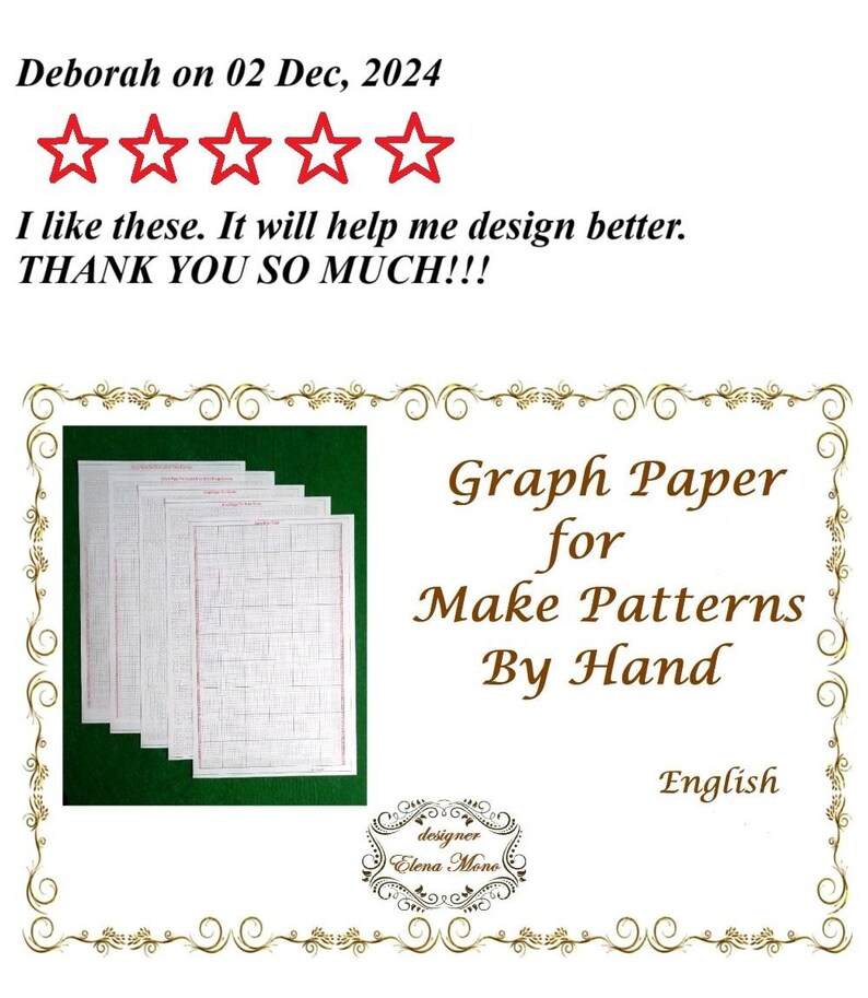 May include: A stack of white graph paper sheets with red grid lines, displayed next to text that reads Graph Paper for Make Patterns By Hand, English, and designer Elena Mono, framed by a decorative gold border with a five-star review above.