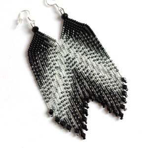 Beaded Fringe Earrings Silver & Black, Long Dangle Earrings, "Stars Way" image 7