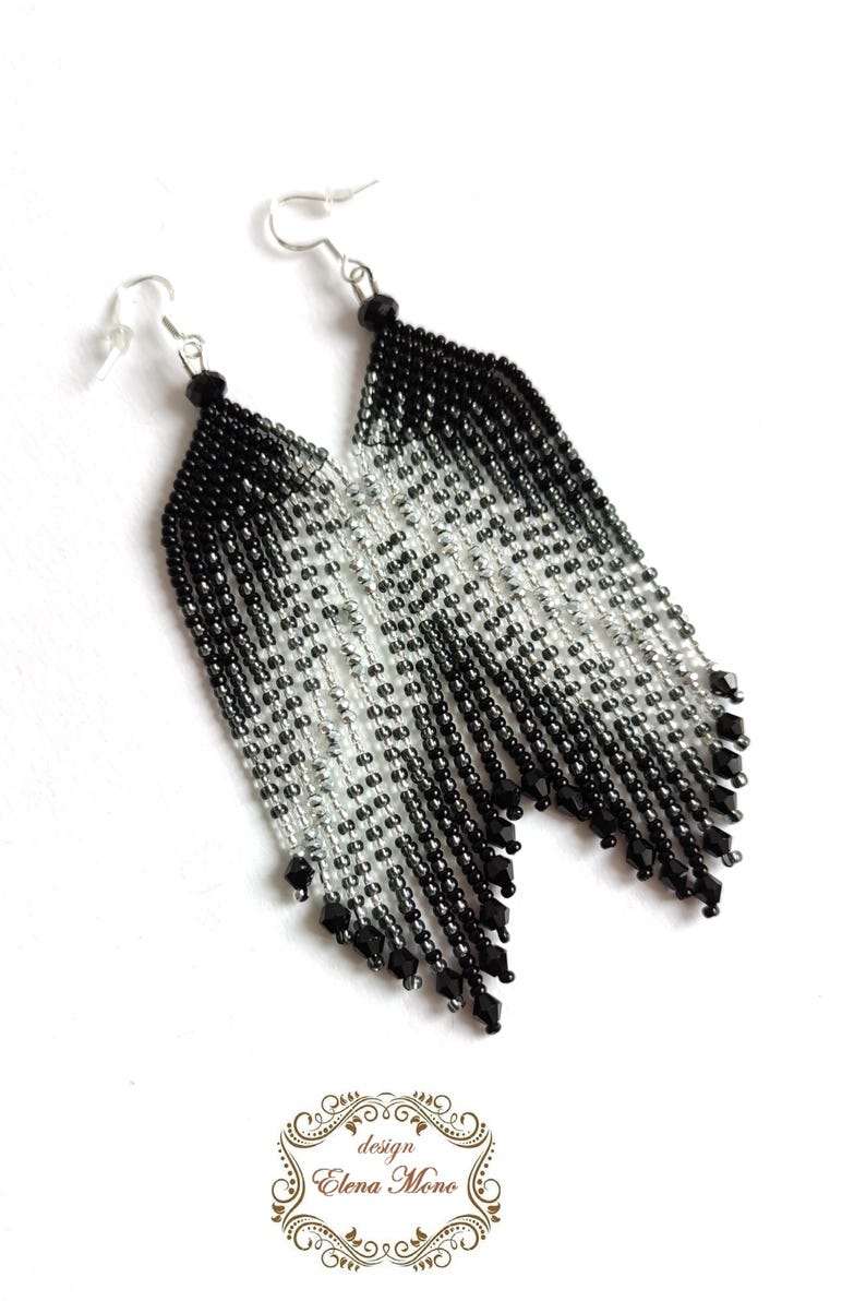 Beaded Fringe Earrings Silver & Black, Long Dangle Earrings, "Stars Way" image 7