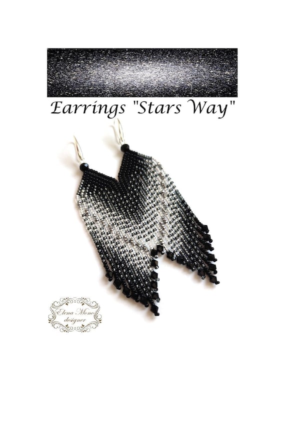 Beaded Fringe Earrings Silver & Black, Long Dangle Earrings, "Stars Way"