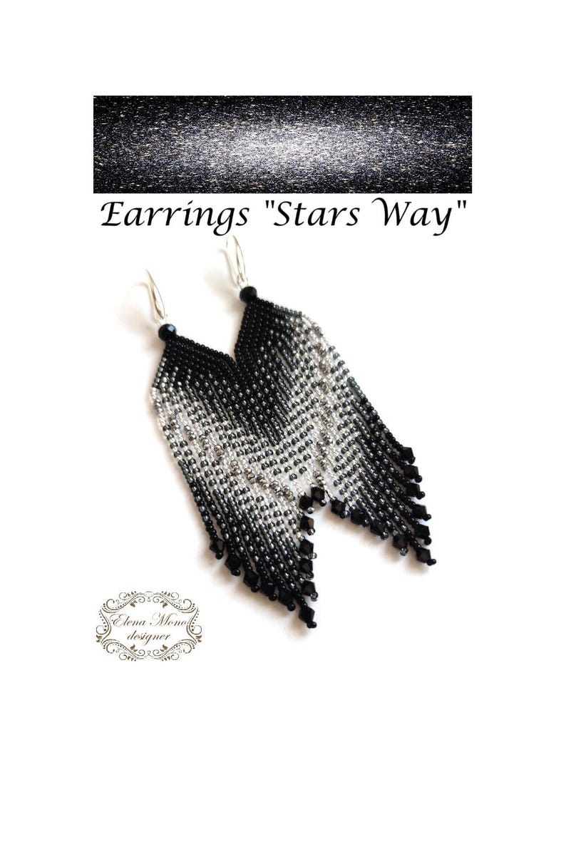 Beaded Fringe Earrings Silver & Black, Long Dangle Earrings, "Stars Way" image 1