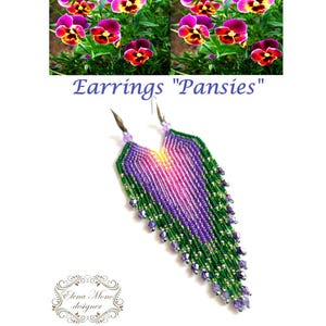 Long Beaded Fringe Earrings: Pansies, Czech Seed Beads