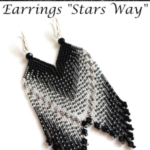 Beaded Fringe Earrings Silver & Black, Long Dangle Earrings, "Stars Way" image 2
