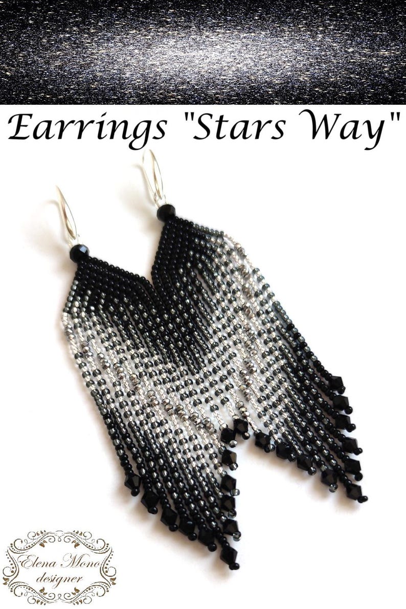 Beaded Fringe Earrings Silver & Black, Long Dangle Earrings, "Stars Way" image 2