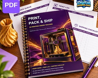 May include: A spiral-bound 3D printing order tracker notebook with a purple cover featuring a 3D printer graphic and the text Print, Pack & Ship. The notebook includes sections for an order queue, print log, and shipping checklist.