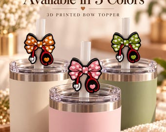 May include: Three 3D printed bow toppers for straws, each featuring a stethoscope design. The toppers come in orange, pink, and green with white polka dots. Text at the top reads Available in 3 Colors and 3D PRINTED BOW TOPPER.