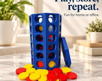 May include: A blue hexagonal vertical game board with circular cutouts, containing red and yellow circular game pieces. Additional red and yellow game pieces are scattered at the base. Text reads: Play, store, repeat. Fun for home or office.
