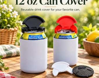 May include: Two white 12 oz can covers, one with a black lid and one with a red lid, each holding a yellow beverage can. The text 12 oz Can Cover is visible at the top. Two additional lids, one white and one black, are placed on the surface.
