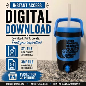 May include: A digital download file for a 3D printed blue and black beverage dispenser with a handle and straw. The design features a silhouette of a person with an afro and the text: LOVED, POWERFUL, BEAUTIFUL, QUEEN, CONFIDENT, STRONG, MAGIC.
