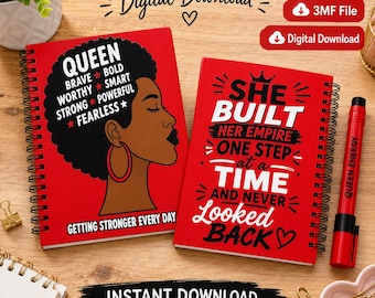 May include: Two red spiral-bound notebooks featuring black text and graphics. One notebook displays a profile illustration of a person with an afro and the text QUEEN BRAVE BOLD WORTHY SMART STRONG POWERFUL FEARLESS. The other reads SHE BUILT HER EMPIRE.