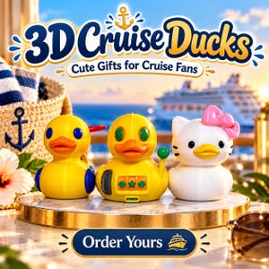 May include: Three 3D printed rubber-style ducks on a circular platform. The left is yellow with blue accents, the center is yellow with a slot machine design, and the right is white with a pink bow. Text reads 3D Cruise Ducks and Order Yours.