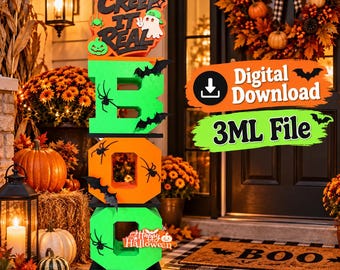 May include: A vertical Halloween sign featuring the text "CREEP IT REAL" at the top, followed by stacked block letters spelling "BOO" in alternating neon green and orange colors. The sign is decorated with black spider and bat silhouettes.