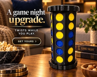 May include: A black cylindrical rotating game board featuring vertical columns of yellow and blue circular tokens. The text reads: A game night upgrade. TWISTS WHILE YOU PLAY. GET YOURS.