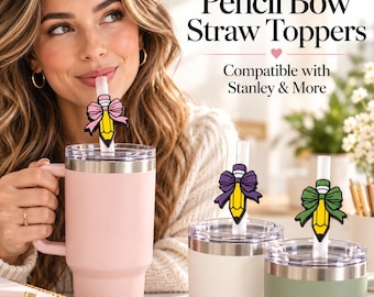 May include: Pencil bow straw toppers featuring yellow pencil designs with pink, purple, and green bows. The text reads Pencil Bow Straw Toppers Compatible with Stanley & More. These decorative accessories attach to drinking straws.