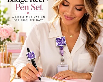 May include: A badge reel and pen set featuring the text I MAY BE WRONG BUT I DOUBT IT in purple lettering. The badge reel includes purple beads and a clear plastic card holder. The black ink pen has a matching square topper with the same text.