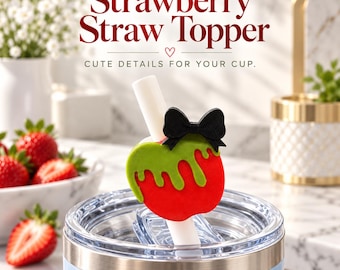 May include: A red and green strawberry-shaped straw topper featuring a black bow, attached to a white straw on a light blue cup. The text reads: Strawberry Straw Topper, CUTE DETAILS FOR YOUR CUP.