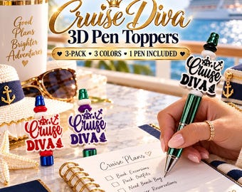 May include: A 3-pack of 3D pen toppers featuring the text Cruise Diva with nautical icons. The set includes one green metallic pen with a black and white topper, plus two additional toppers in red and purple. The toppers feature a ship wheel and anchor design.