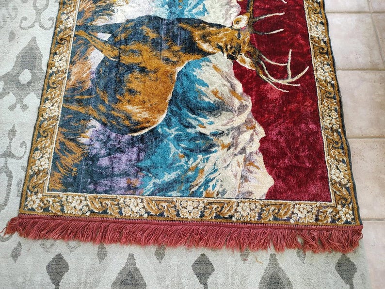 Vintage Deer Stag Wildlife Wall Tapestry Rug – Mountain Scene – 72x47 ...