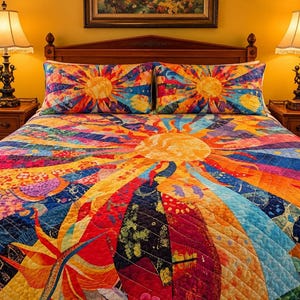 Colorful Celestial Sun Moon Patchwork King Quilt Bedspread 2 Shams 3Pc Set Boho
