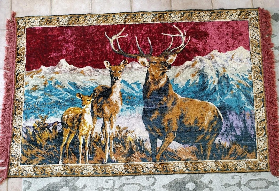 Vintage Deer Stag Wildlife Wall Tapestry Rug – Mountain Scene – 72x47 ...