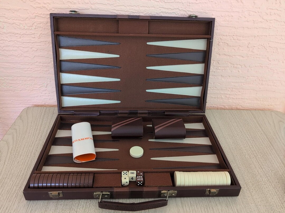 Vintage Backgammon Set in Faux Leather Case Complete With Dice Cups ...