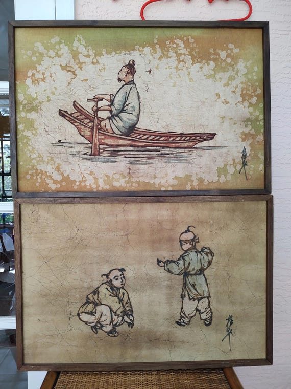 ヴィンテージバティック絵画 台北 台湾 中国 布 オリジナルラベル 
