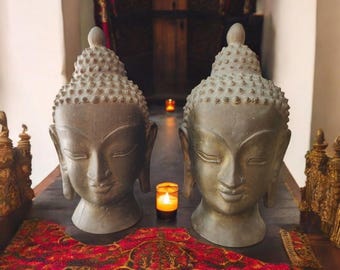 Pair of Vintage Hand Made Bronze Asian Buddha Heads altar decor, Zen Meditation