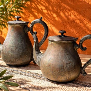 May include: Two tarnished silver-toned metal teapots with ornate embossed floral patterns, curved handles, and matching lids. The teapots feature a weathered patina with visible dark oxidation and subtle green and brown color variations.