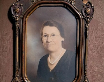 Antique Victorian Gesso Wood Frame w/ Hand Tinted Portrait – Ornate – As Is