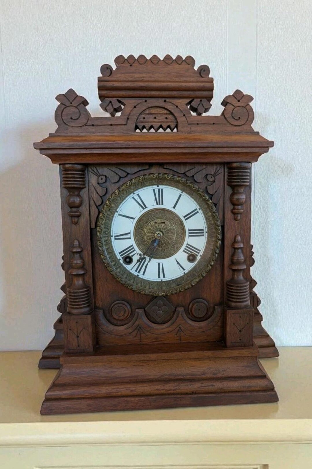 Antique Hand-carved Wood Cottage Mantel Clock W/ Key & Pendulum – Ticks ...