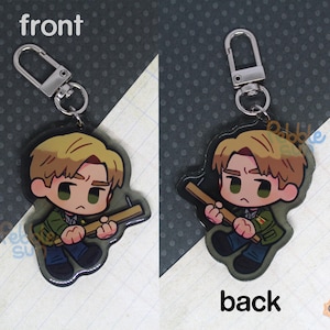 May include: A keychain featuring a cartoon character holding a tool. The front of the keychain shows the character with a light brown hair and a green shirt. The back of the keychain shows the character with a light brown hair and a green shirt. The keychain is made of acrylic.