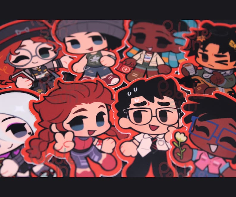 May include: A collection of colorful cartoon stickers featuring various characters with unique outfits and expressions. The stickers have a red border and are likely designed for decorative purposes. The characters include people with glasses, hats, and holding objects.