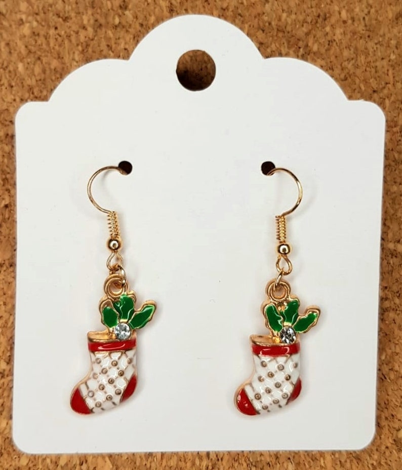 Gold Coloured Alloy Earrings Chequered Christmas Stocking Dangling Earrings Cute Christmas Stocking Filler Gift pair