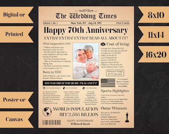Personalized 70 Anniversary Gift Ideas, 70 Anniversary Poster, 70th Wedding Anniversary Gift, 70 Years Married, Anniversary Newspaper N693