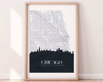 Chicago Karte Poster, Chicago Skyline Poster, Chicago Reise Poster, Chicago Stadt Karte Leinwand, Chicago Wandkunst, Chicago Druck NP403