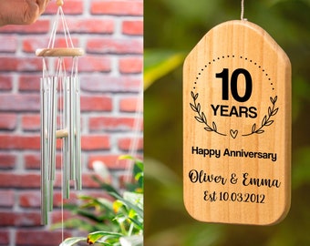 Carillón de viento de aniversario personalizado, regalo de aniversario 10, regalo de aniversario de boda 10, regalo de matrimonio de 10 años, aniversario de 10 años N976