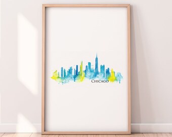 Chicago Poster, Chicago Skyline Poster, Chicago Aquarell Druck, Chicago Wandkunst, Chicago Skyline Leinwand, Chicago Druck NP405