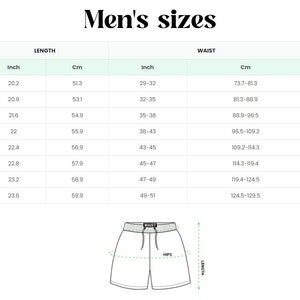 May include: A size chart for shorts with measurements in inches and centimetres. The chart includes US size, length, waist, and hips.