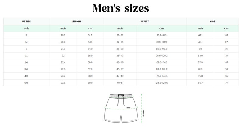 May include: A size chart for shorts with measurements in inches and centimetres. The chart includes US size, length, waist, and hips.