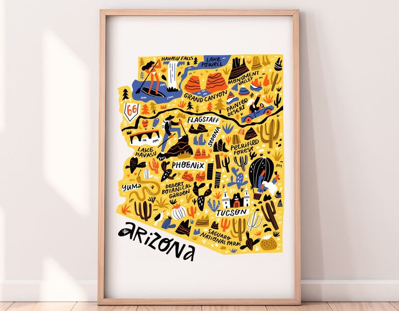 May include: A yellow illustrated map of Arizona with various landmarks and attractions, including the Grand Canyon, Sedona, and the Petrified Forest. The map is surrounded by a white border and the word "Arizona" is written in black at the bottom.
