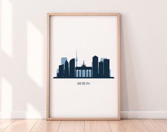 May include: A minimalist black and blue silhouette of the Berlin skyline, including the Brandenburg Gate and the Fernsehturm, with the word "BERLIN" printed below.
