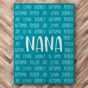 May include: A teal blue wooden sign with the word "NANA" in white lettering. The sign is surrounded by a repeating pattern of names, including "Jay", "Lynn", "Aubrey", "Autumn", and "Ryder".